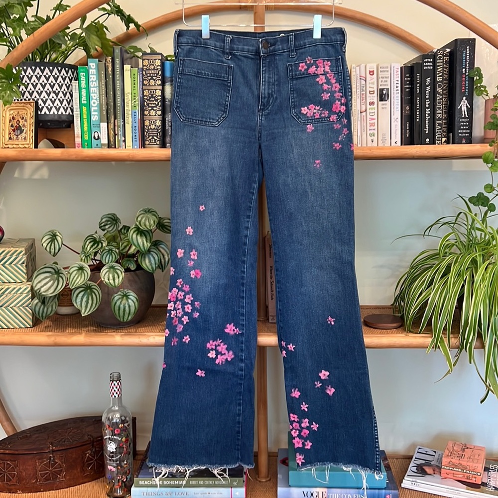 Hand painted flare jeans with cherry blossom detail